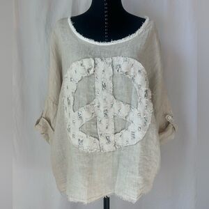 Marisima Linen Boho Chic Peace Sign Womens Top Made in Italy OS NWOT